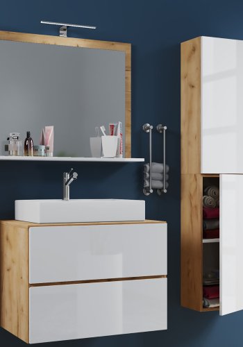 Lendas M baderomsmbelsett - speilglass, keramikk og hvit og naturlig melamin (sett med 4)