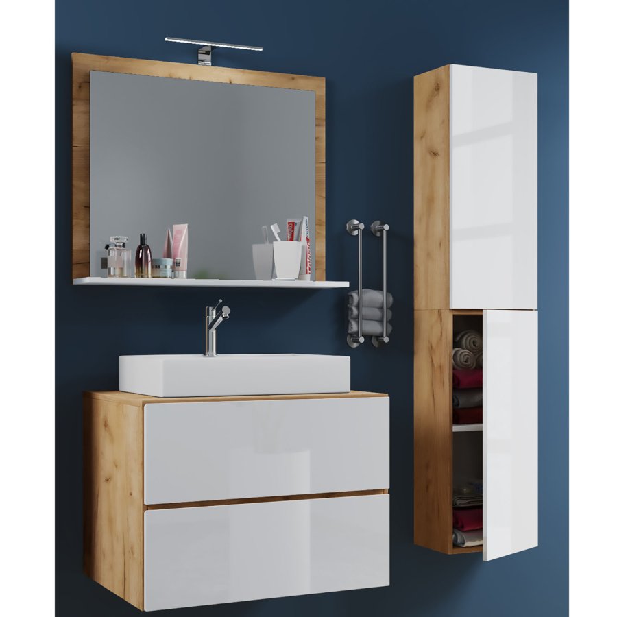 Lendas M baderomsmbelsett - speilglass, keramikk og hvit og naturlig melamin (sett med 4)