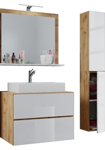 Lendas M baderomsmbelsett - speilglass, keramikk og hvit og naturlig melamin (sett med 4)