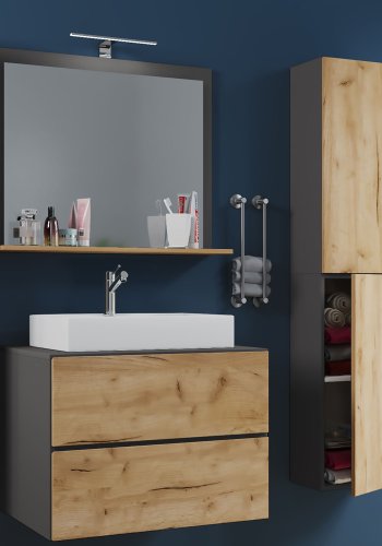 Lendas M baderomsmbelsett - speilglass, keramikk og antrasittgr og naturlig melamin (sett med 4)