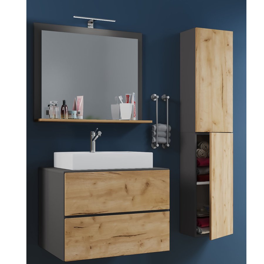 Lendas M baderomsmbelsett - speilglass, keramikk og antrasittgr og naturlig melamin (sett med 4)