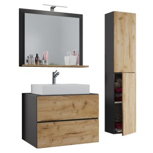 VCM NORDIC Lendas M badrumsmöbler set - spegelglas, keramik och antracitgr och naturlig melamin (set om 4)