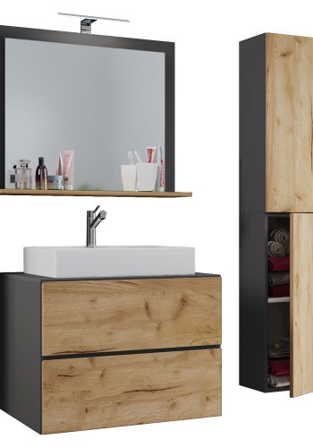 Lendas M baderomsmbelsett - speilglass, keramikk og antrasittgr og naturlig melamin (sett med 4)