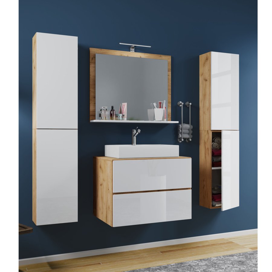 Lendas M baderomsmbelsett - speilglass, keramikk og hvit og naturlig melamin (sett med 5)