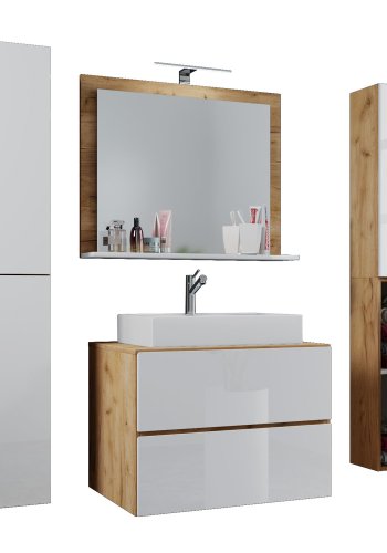 Lendas M baderomsmbelsett - speilglass, keramikk og hvit og naturlig melamin (sett med 5)