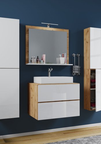 Lendas M baderomsmbelsett - speilglass, keramikk og hvit og naturlig melamin (sett med 5)