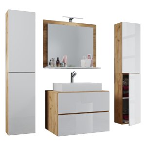 VCM NORDIC Lendas M badrumsmöbler set - spegelglas, keramik och vit och naturlig melamin (set om 5)