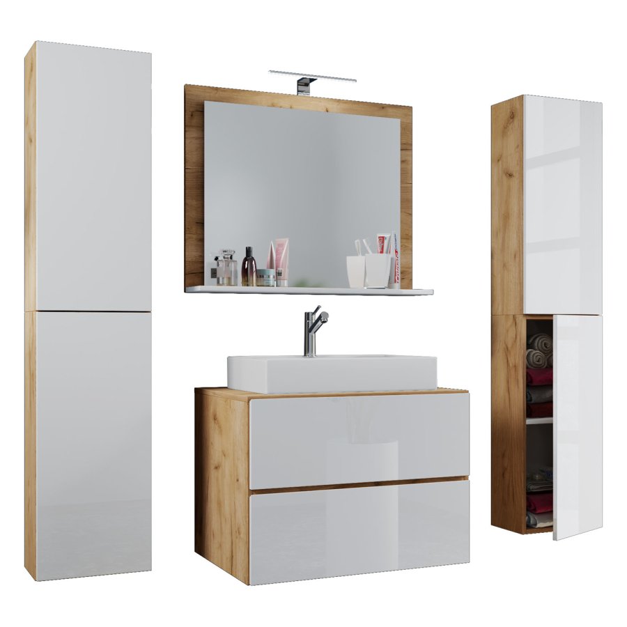 Lendas M baderomsmbelsett - speilglass, keramikk og hvit og naturlig melamin (sett med 5)