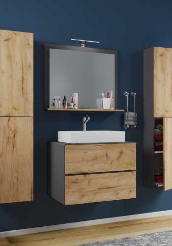 Lendas M baderomsmbelsett - speilglass, keramikk og antrasittgr og naturlig melamin (sett med 5)