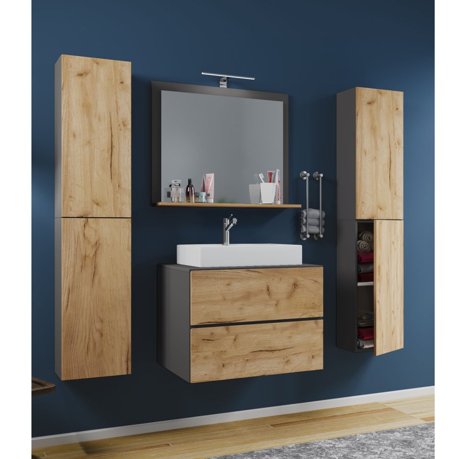 Lendas M baderomsmbelsett - speilglass, keramikk og antrasittgr og naturlig melamin (sett med 5)