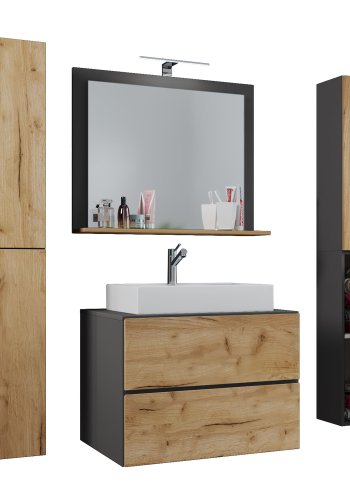 Lendas M baderomsmbelsett - speilglass, keramikk og antrasittgr og naturlig melamin (sett med 5)