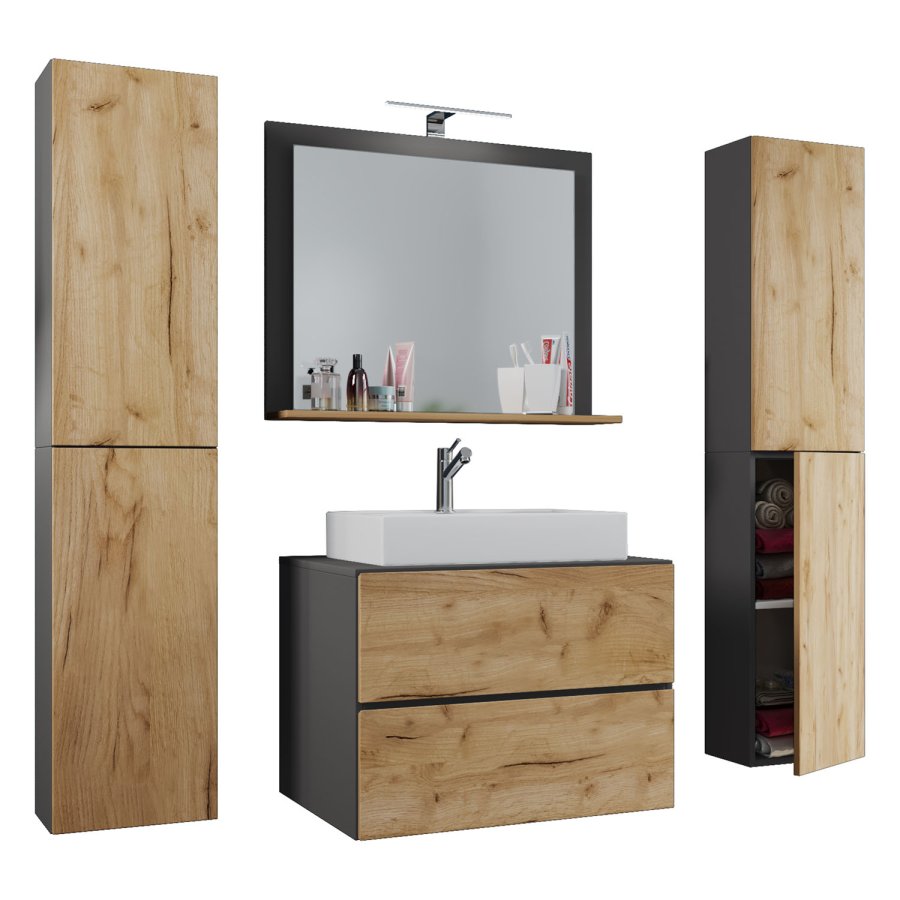 Lendas M baderomsmbelsett - speilglass, keramikk og antrasittgr og naturlig melamin (sett med 5)