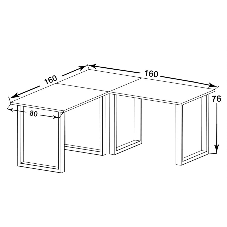 Lona U-foot hjrne skrivebord - naturlig tre og slvgr metall (160x160x80)