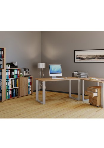 Lona U-foot hjrne skrivebord - naturlig tre og slvgr metall (160x160x80)