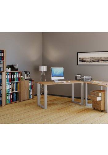 Lona U-ftter hjrne skrivebord - naturlig tre og slvgr metall (190x160x80)