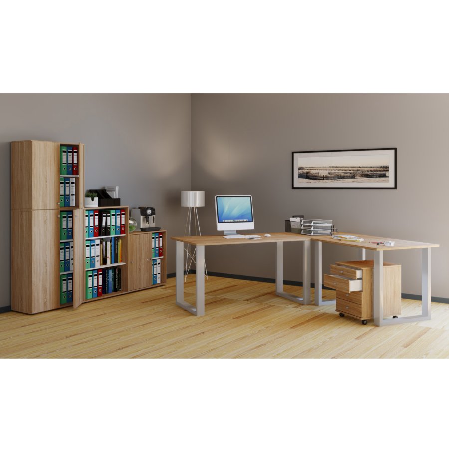 Lona U-ftter hjrne skrivebord - naturlig tre og slvgr metall (190x160x80)