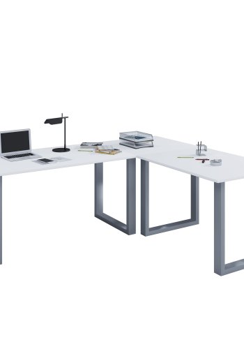 Lona U-foot hjrne skrivebord - hvitt tre og slvgr metall (220x160x80)