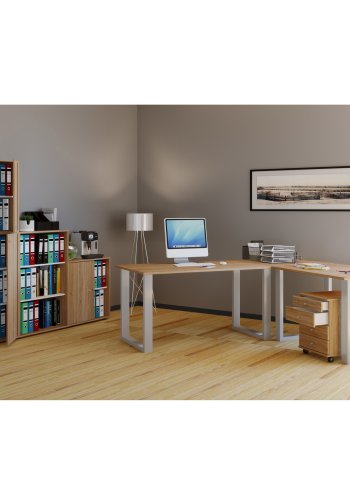 Lona U-ftter hjrne skrivebord - naturlig tre og slvgr metall (220x160x80)