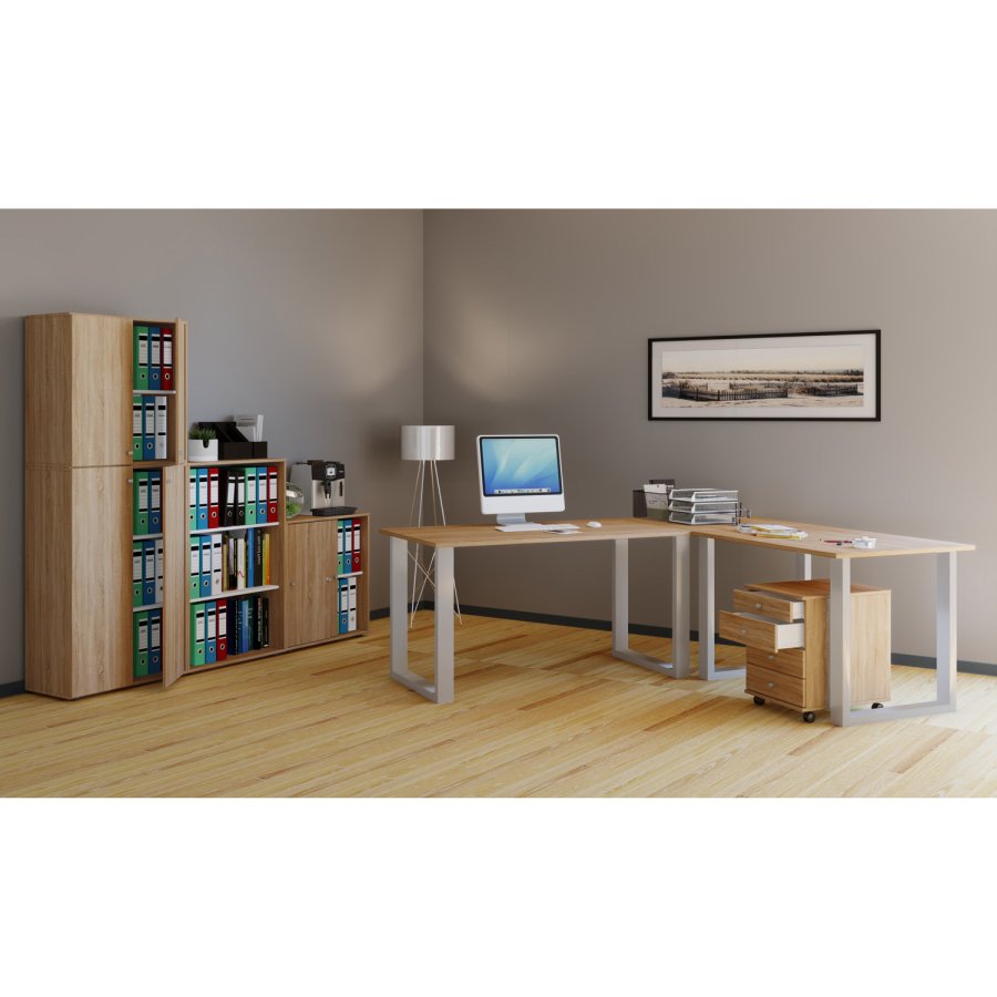 Lona U-ftter hjrne skrivebord - naturlig tre og slvgr metall (220x160x80)