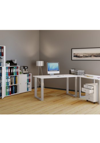 Lona U-ftter hjrne skrivebord - hvitt tre og slvgr metall (220x190x80)