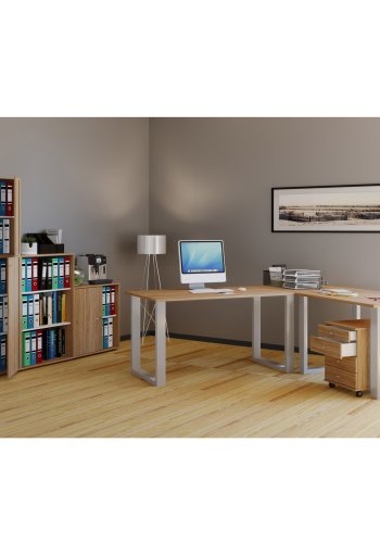 Lona U-foot hjrne skrivebord - naturlig tre og slvgr metall (220x190x80)