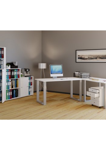 Lona U-foot hjrne skrivebord - hvitt tre og slvgr metall (220x220x80)