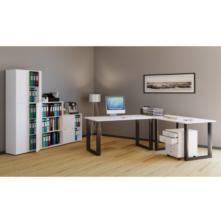 Lona U-foot hjrne skrivebord - hvitt tre og svart metall (130x130x50)