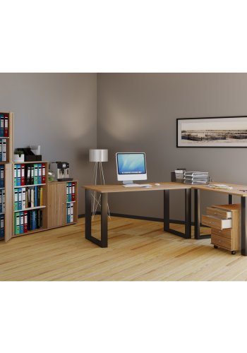 Lona U-foot hjrne skrivebord - naturlig tre og svart metall (130x130x50)