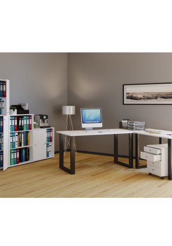 Lona U-foot hjrne skrivebord - hvitt tre og svart metall (160x130x50)