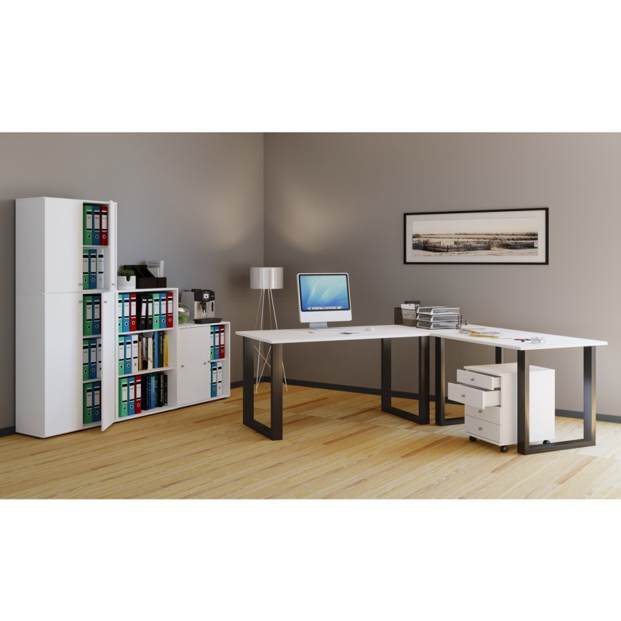 Lona U-foot hjrne skrivebord - hvitt tre og svart metall (160x130x50)