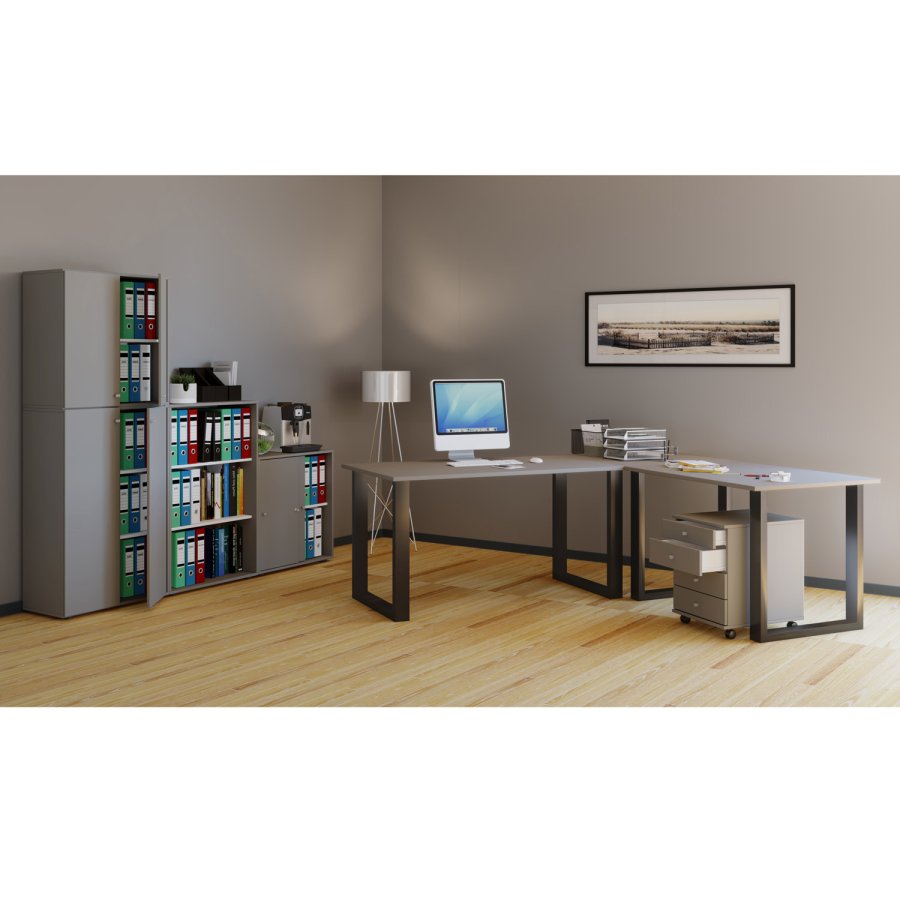 Lona U-foot hjrne skrivebord - grtt tre og svart metall (160x160x50) 