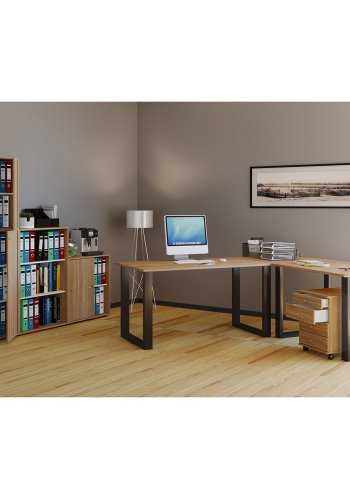 Lona U-foot hjrne skrivebord - naturlig tre og svart metall (190x130x50) 