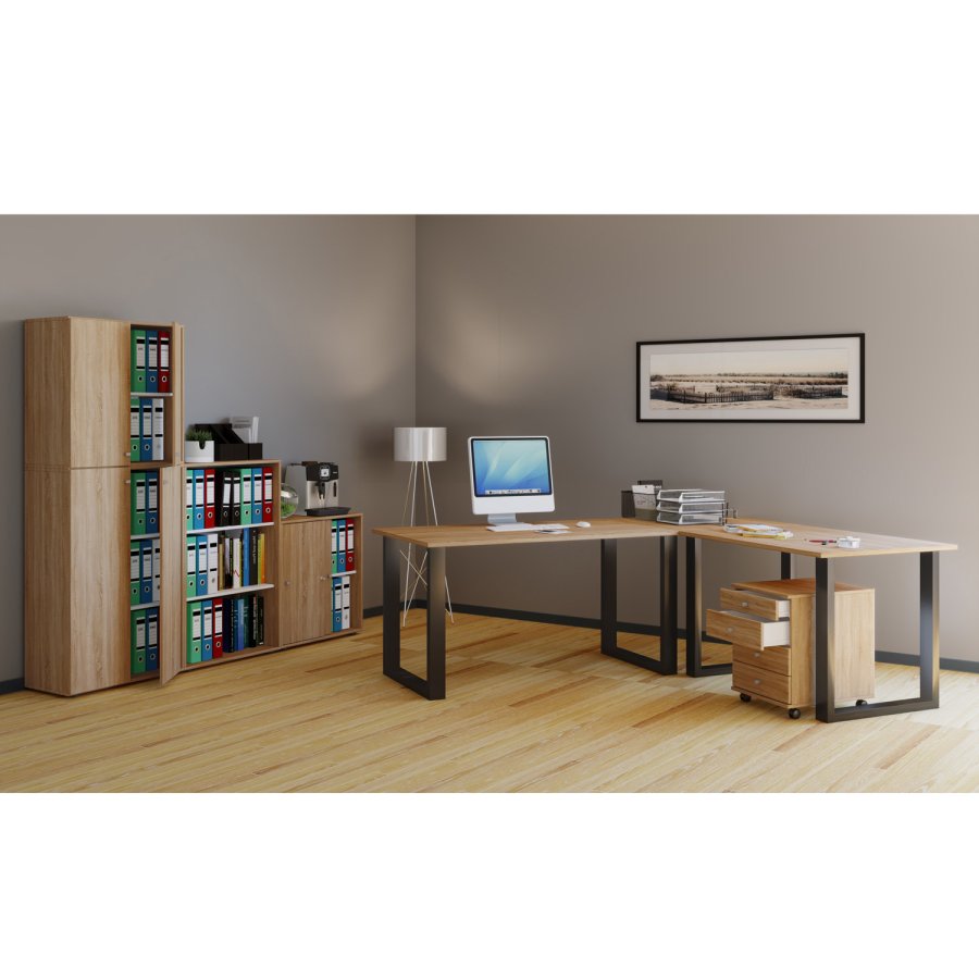 Lona U-foot hjrne skrivebord - naturlig tre og svart metall (190x190x50)