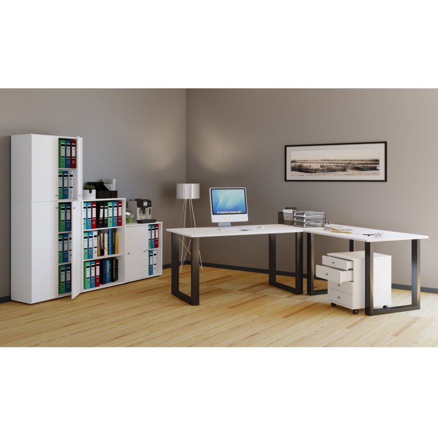 Lona U-foot hjrne skrivebord - hvitt tre og svart metall (160x160x80) 