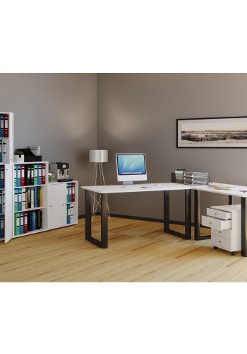 Lona U-foot hjrne skrivebord - hvitt tre og svart metall (190x190x80)