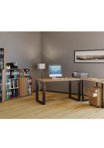 Lona U-foot hjrne skrivebord - naturlig tre og svart metall (220x190x80)