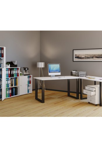 Lona U-foot hjrne skrivebord - hvitt tre og svart metall (220x220x80)