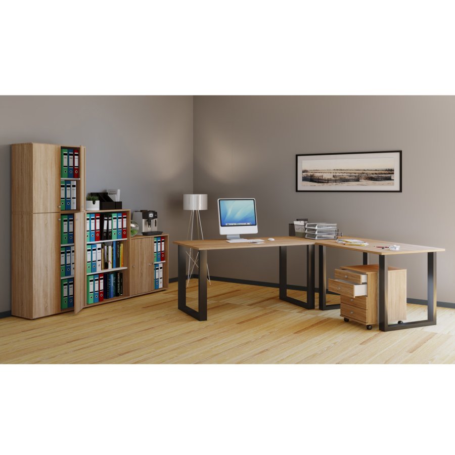 Lona U-foot hjrne skrivebord - naturlig tre og svart metall (220x220x80) 