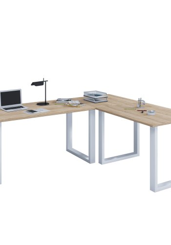 Lona U-foot hjrne skrivebord - naturlig tre og hvitt metall (130x130x50)