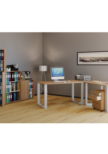 Lona U-foot hjrne skrivebord - naturlig tre og hvitt metall (130x130x50)