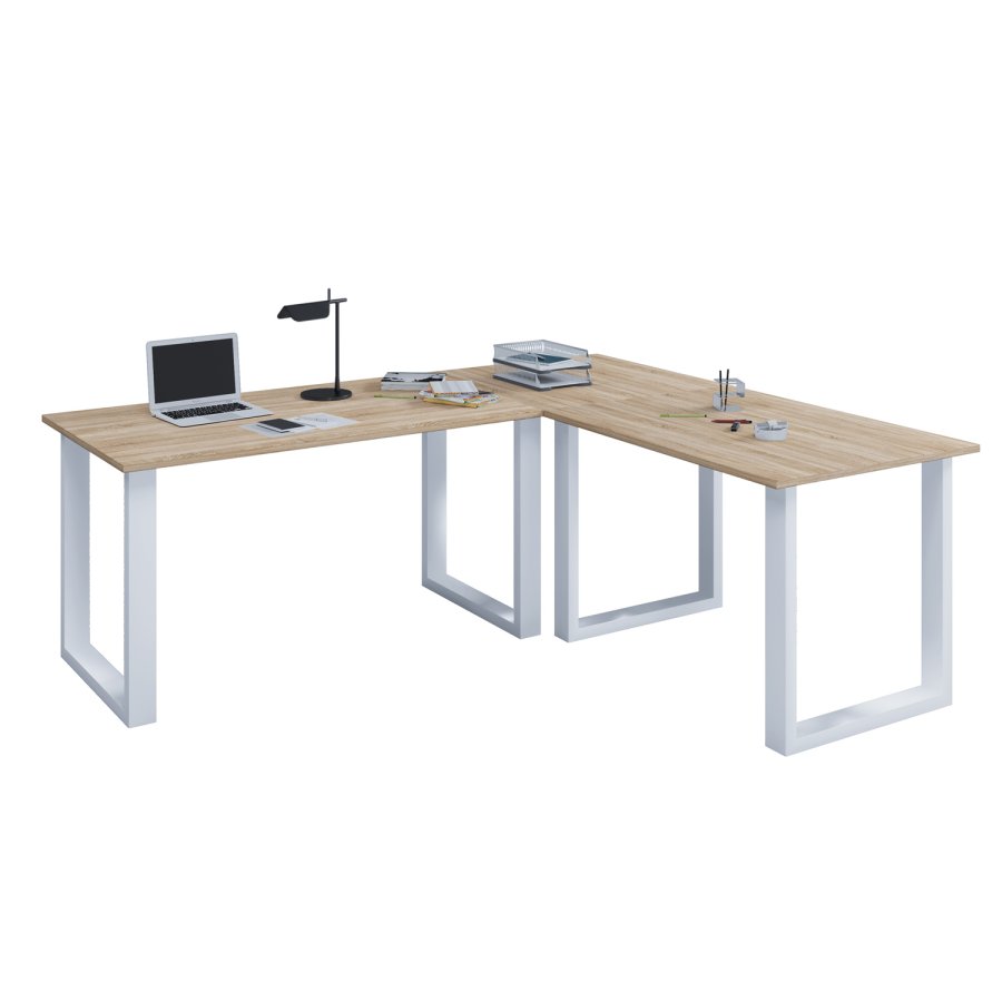 Lona U-foot hjrne skrivebord - naturlig tre og hvitt metall (160x130x50)