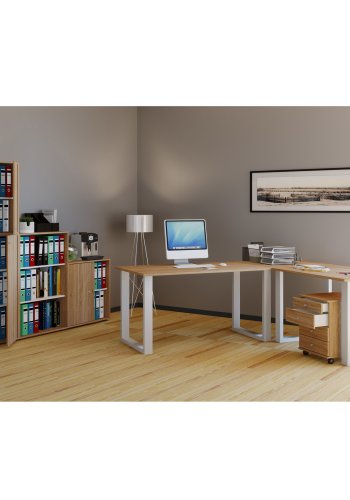 Lona U-foot hjrne skrivebord - naturlig tre og hvitt metall (160x130x50)