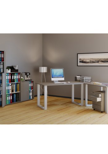 Lona U-foot hjrne skrivebord - grtt tre og hvitt metall (160x130x50)