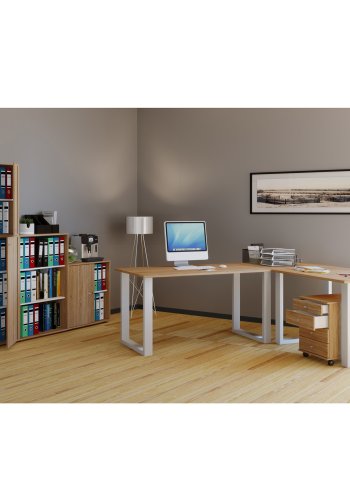 Lona U-foot hjrne skrivebord - naturlig tre og hvitt metall (160x160x50)