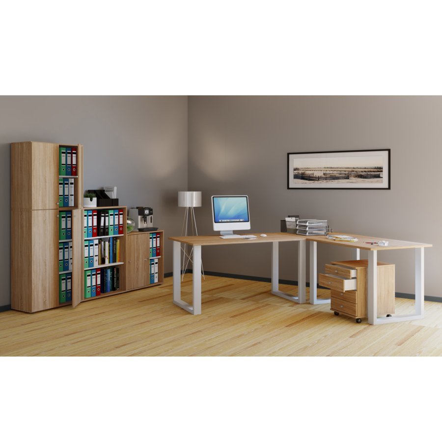 Lona U-foot hjrne skrivebord - naturlig tre og hvitt metall (160x160x50)