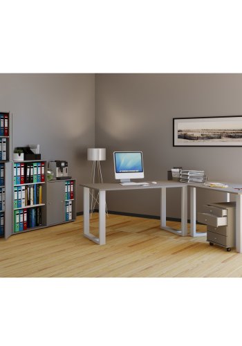 Lona U-foot hjrne skrivebord - grtt tre og hvitt metall (160x160x50)