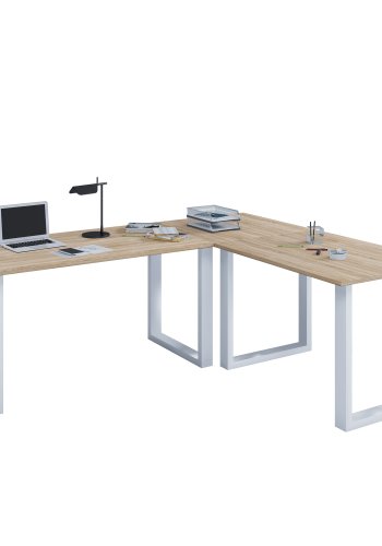 Lona U-foot hjrne skrivebord - naturlig tre og hvitt metall (190x130x50) 