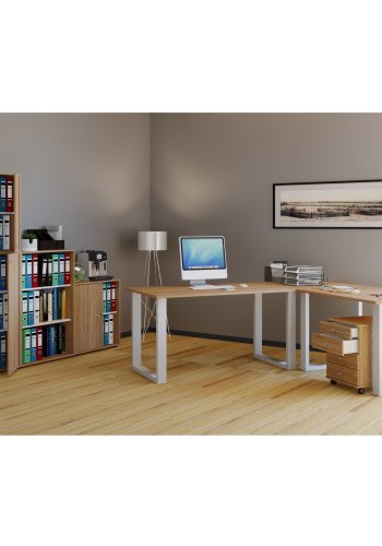 Lona U-foot hjrne skrivebord - naturlig tre og hvitt metall (190x130x50) 