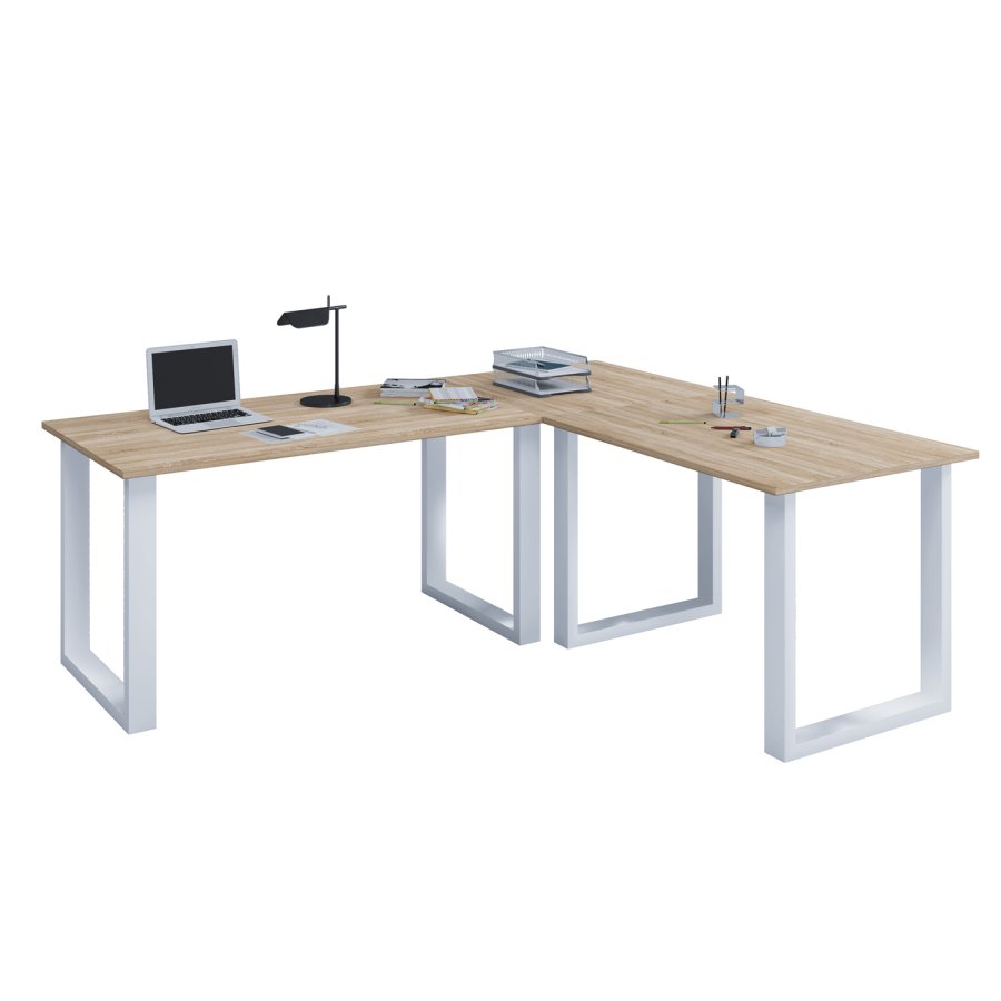 Lona U-foot hjrne skrivebord - naturlig tre og hvitt metall (190x190x80) 