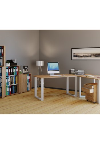 Lona U-foot hjrne skrivebord - naturlig tre og hvitt metall (220x160x80)